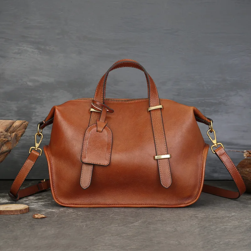 

New Vintage Genuine Leather Handbag Large Capacity Boston Women's Solid Color Bag Casual Shoulder Bags Petit Sac Bandoulière