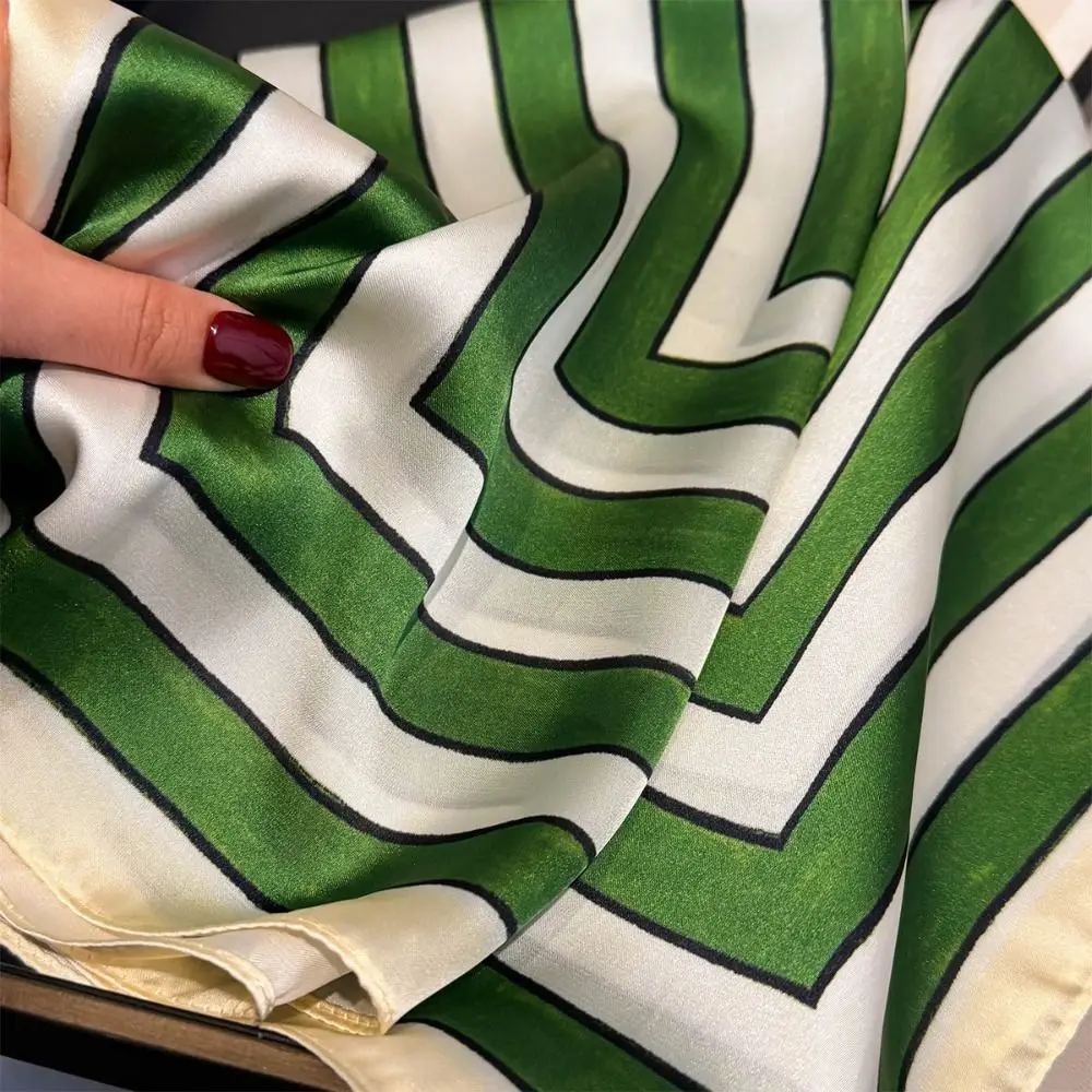 Fashion Geometric Stripes Print Silk Square Scarfs Soft Print Design Women Scarfs Square Shape Silk Fabric Silk Scarf Daily Wear
