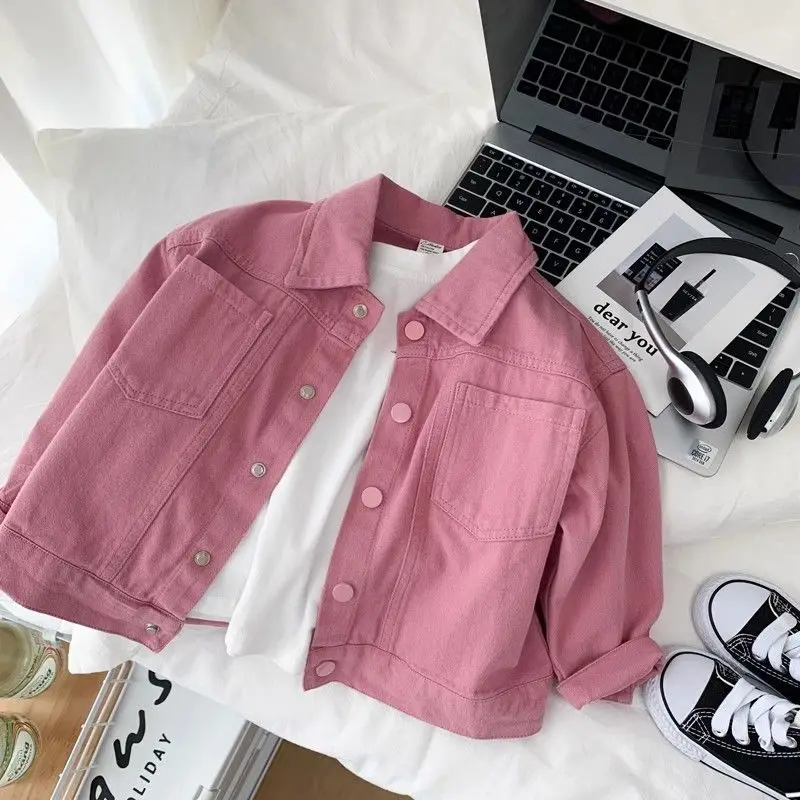 Boys Girls Denim cotton Jackets Pink Laple Tops Spring Autumn 2026 New Fashion Sweet Cute Coat Jacket Baby Girl Clothes 2-10Yrs