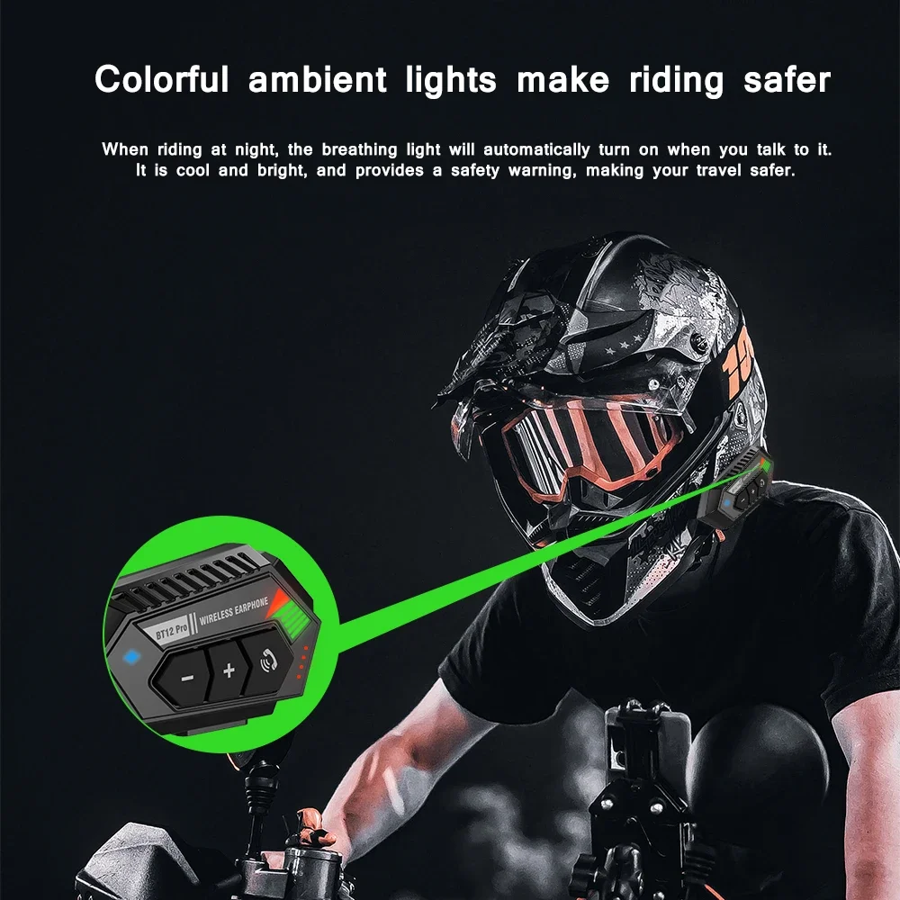 Bluetooth 5.3 Motorcycle Helmet Headset Hands-free Call Kit 2000mAh Waterproof LED Poewer Display,Rhythmic RGB light Earphone