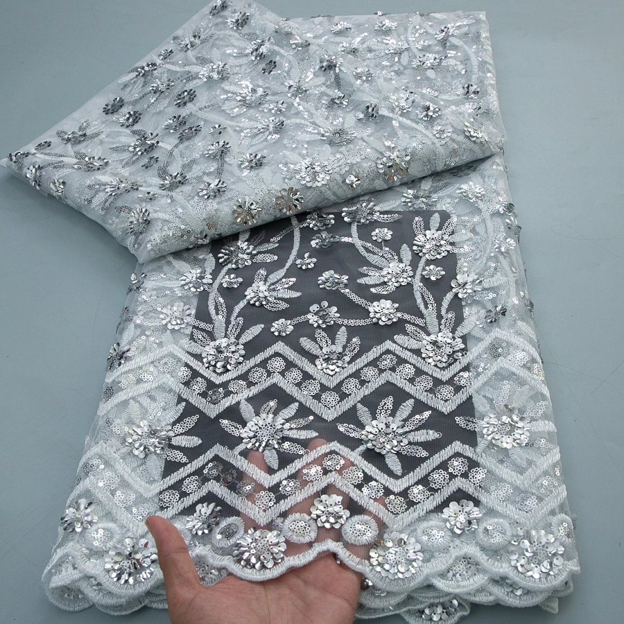 2026 French Sequins Lace Fabric High Quality 5 Yards Embroidered Milk Slik African Mesh Tulle Lace Fabric Luxury Dress for Women