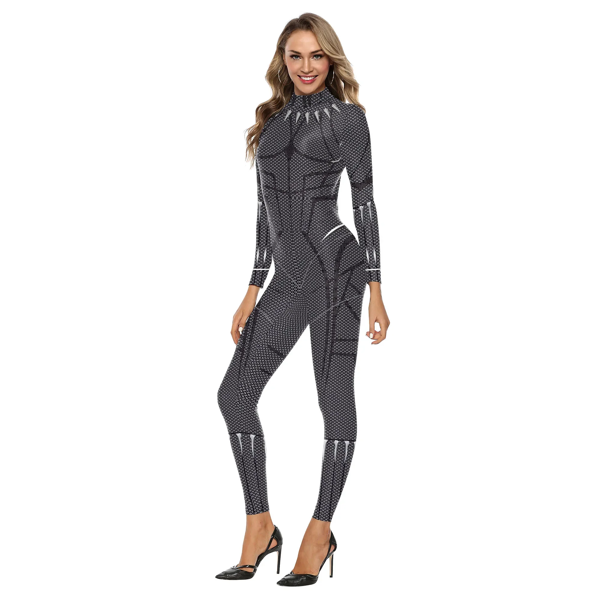 Anime Jumpsuit 3D Printing Grey Armor Pattern Jumpsuit Long Sleeve Women Skinny Bodysuit Halloween Cosplay Costume Party Catsuit