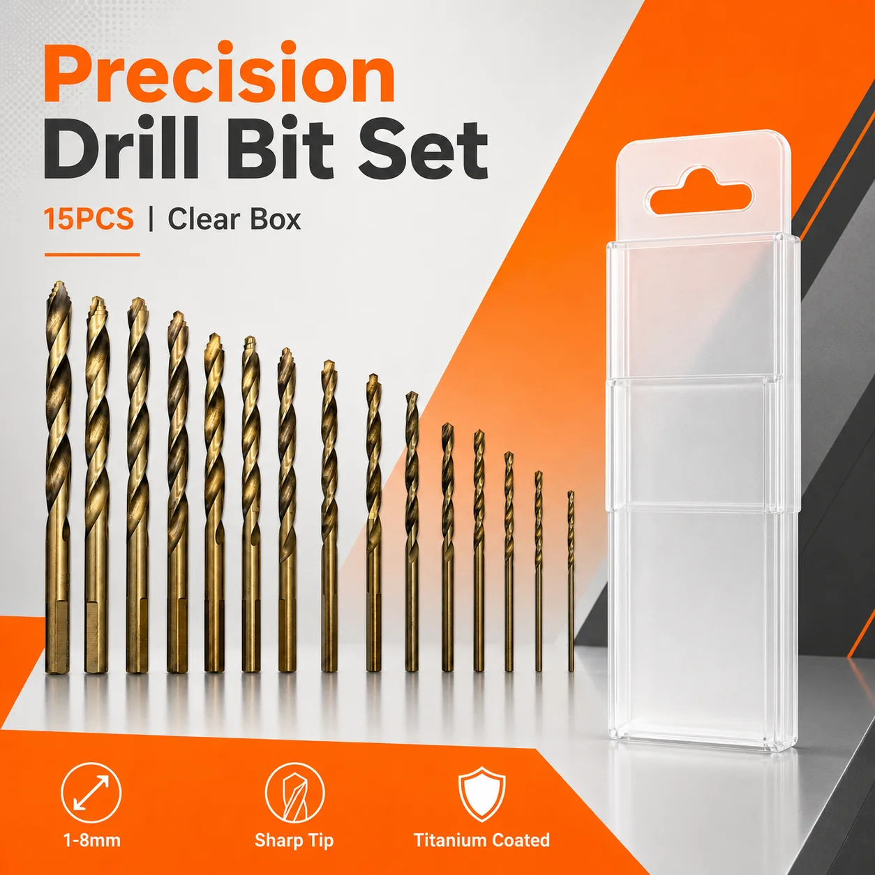 15Pcs Titanium Coated Twist Drill Bit Set 1‑8mm Straight Shank Drill Bits for Wood Metal PVC Plastic DIY Drilling Tool