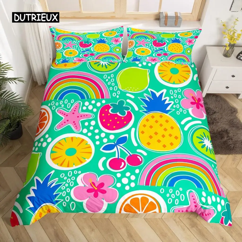 

Rainbow Duvet Cover Kawaii Tropical Fruits Bedding Set Pineapple Kiwi Lemon Doughnut Orange Cherry Strawberry Comforter Cover