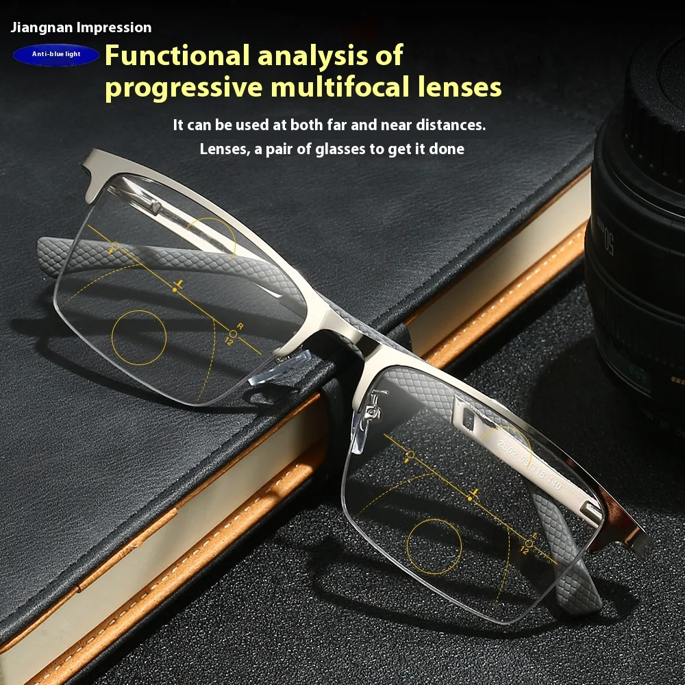 

+1.0~4.0Exquisite Anti-blue Light Multifocal Photochrmic Gray Reading Glasses Men Progressive Near Far Business Farsight Glasses