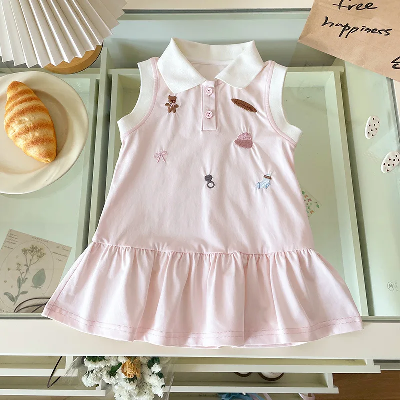 

2025 Summer Girls Dress Cartoon Embroidery Kids Turn-down Collar Sleeveless Dresses Preppy Style Baby Casual Princess Clothing