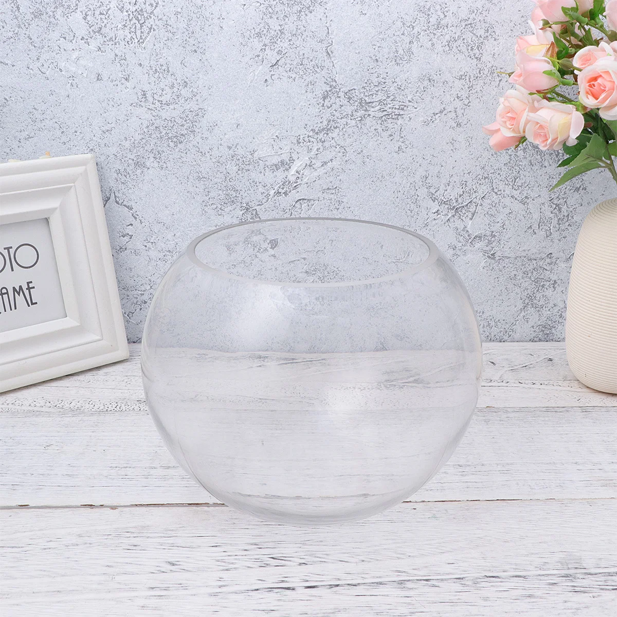 

20Cm Glass Aquarium Globe Round Fish Tank Terrarium Miniature with Underwater Landscape Simple Design for Living Room Bedroom