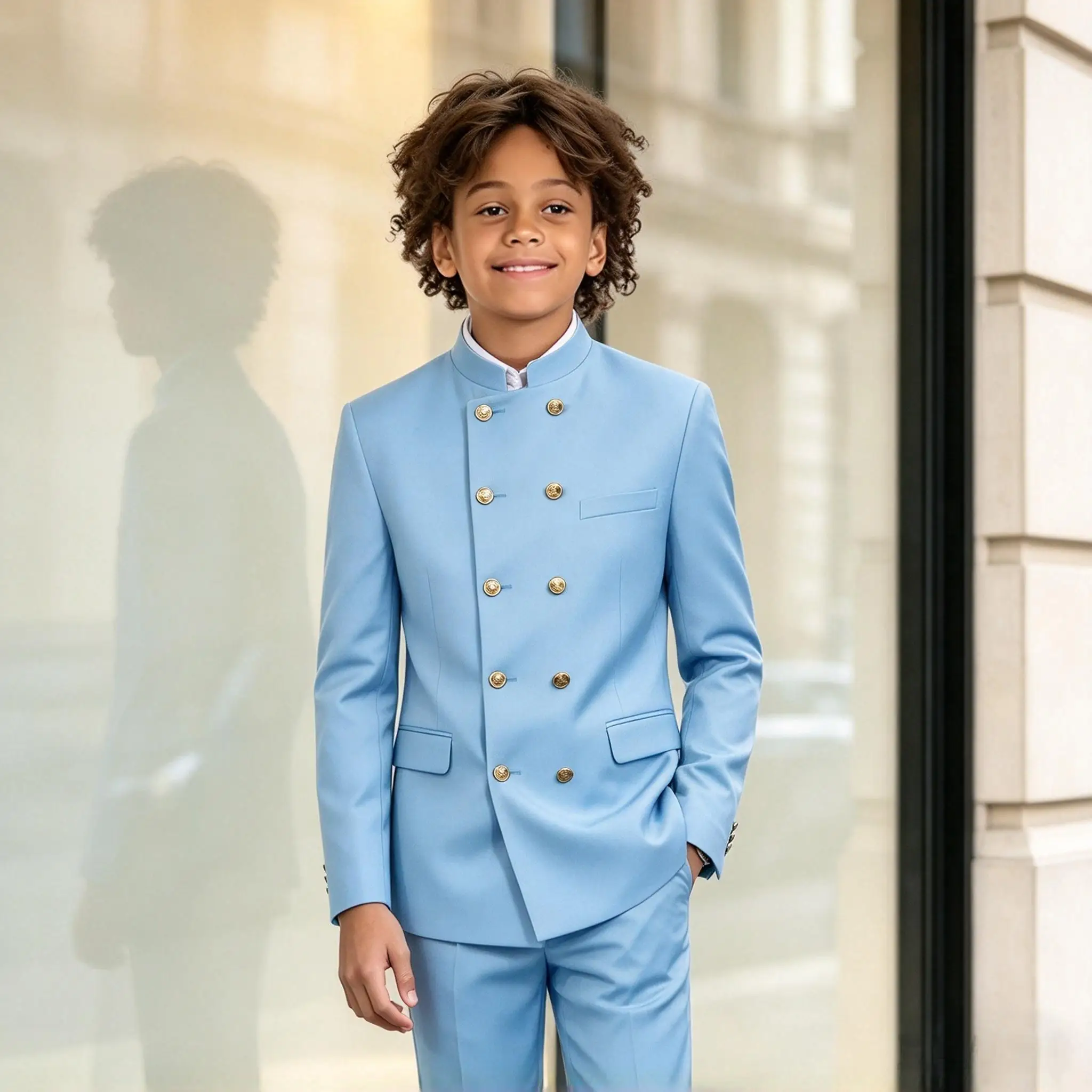 African Style Boys Suit Jacket Pants 2 Piece Double Breasted Stand Collar Blazer Kids Wedding Tuxedo Formal Clothes 2-16 Years