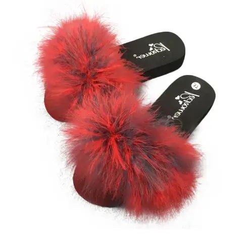 Summer Slides Sandals Fashion Ostrich Feathers Slippers Beach Sweet Pantufa 2021 Fur Flip Flops Casual Flats Shoes Woman Soft