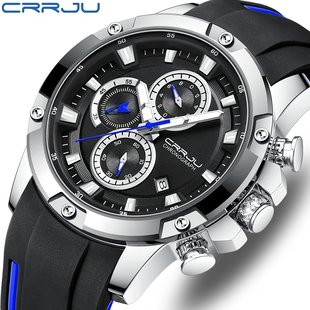 

CRRJU Men Watch Fashion Business Quartz Chronograph Rubber Wristwatch with Luminous Display Relogio Masculino