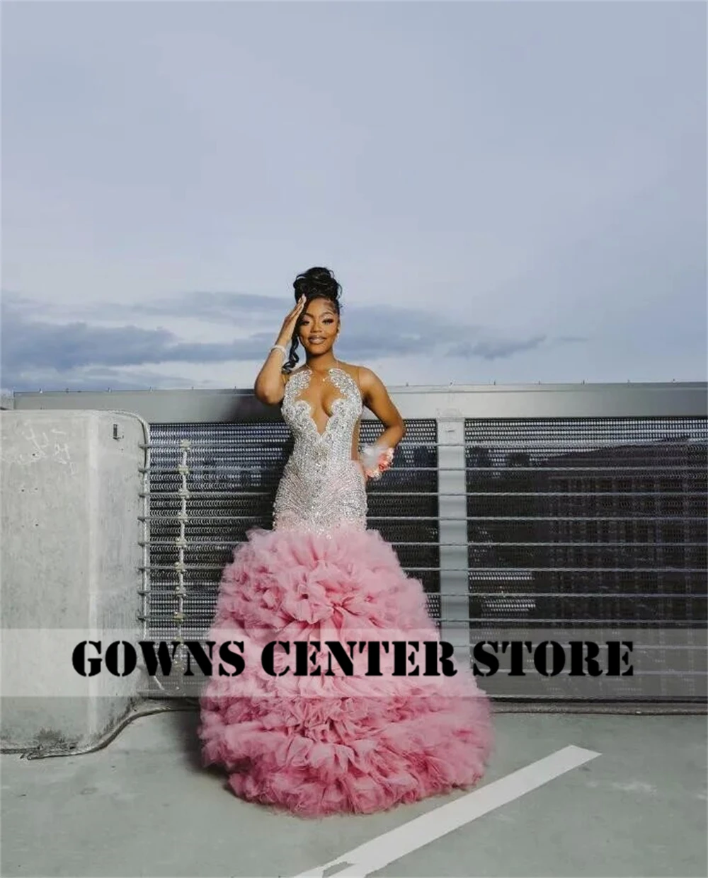 New In Pink Ruched Train Prom Dresses Silver Diamond Crystal Black Girl Pageant Birthday Dress Evening Formal Dress Customized