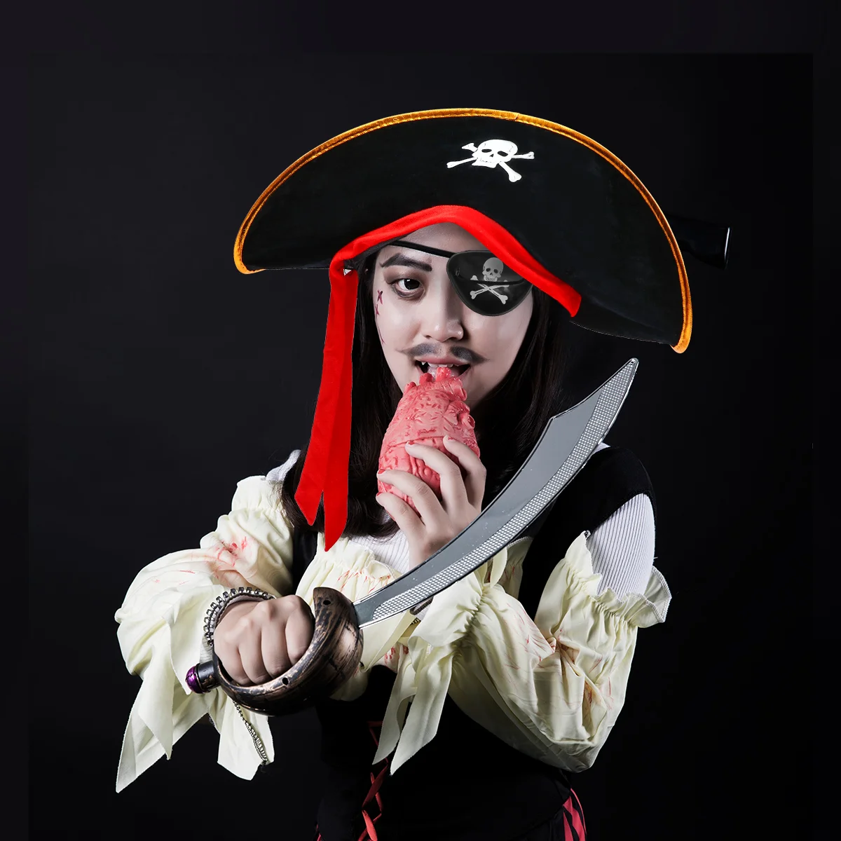 3 pezzi per ragazzi costume di Halloween cappello da pirata set accessori cosplay per accessori per feste con benda sugli occhi bambino nero