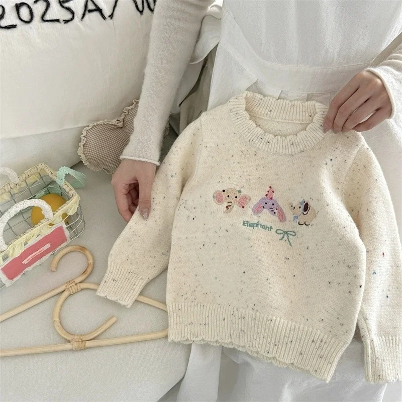 

Girls' 2026 Spring and Autumn Sweater Knitted Color Dot Long Sleeve Baby Girl Cartoon Embroidery Bow Lace Collar Warm Sweet Top