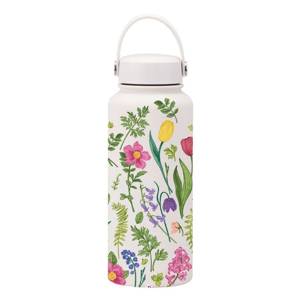 

1000ml Stainless Steel Insulated Bottle Thickened Large Capacity Sports Water Bottle Wide Mouth with Handle Printed Cup