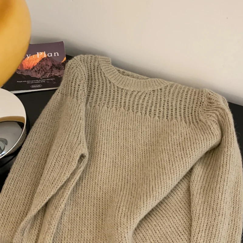 Pakaian wanita sweter rajut Khaki, Pullover kasmir lengan panjang putih, baju atasan musim semi wanita modis kasual Vintage