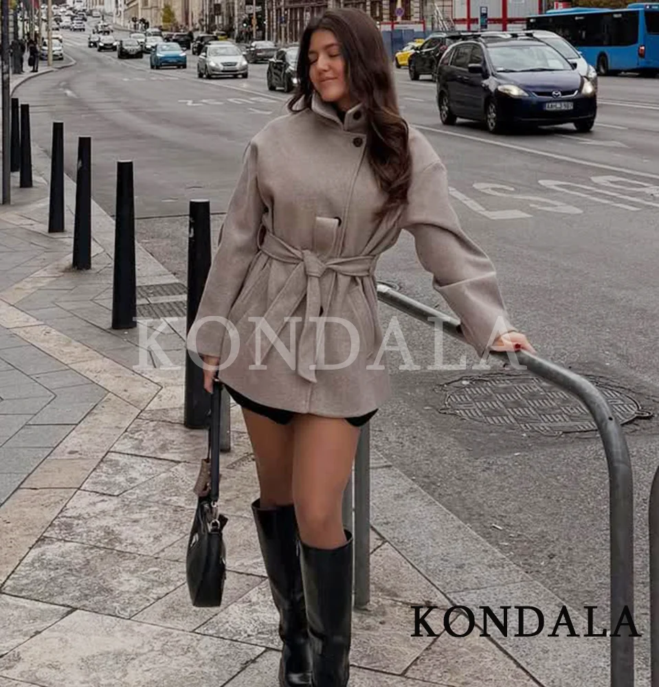 

KONDALA Blended Belt Overcoat Women's Fall Winter Warm Simple Buttons Coat 2025 New Fashion Elegant Commute Casual Female Coat