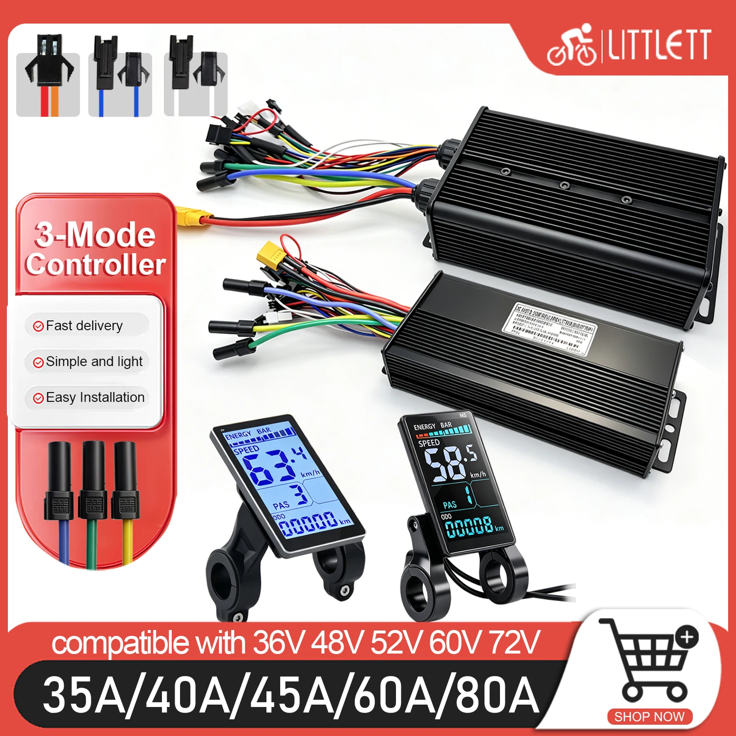Electric Bike Sine Wave Controller 36V48V52V60V72V 1000W-5000W With M5 Display Throttle PAS For Ebike Conversion Kit Accessories