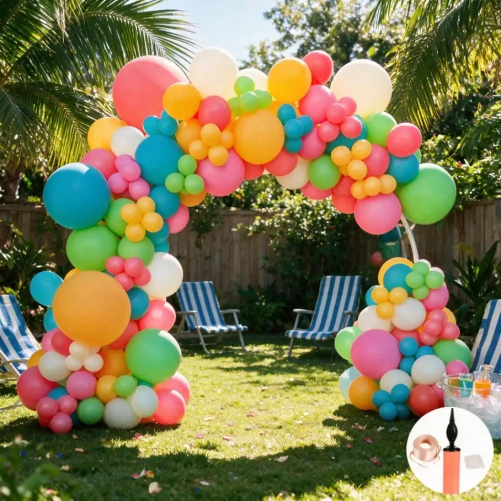 104Pcs Tropical Summer Balloon Garland Arch Kit, Hot Pink Orange Teal Green Yellow Latex Balloons with Pump Ribbon Glue Dots, for Hawaiian Luau Beach Pool Party Birthday Decor Supplies