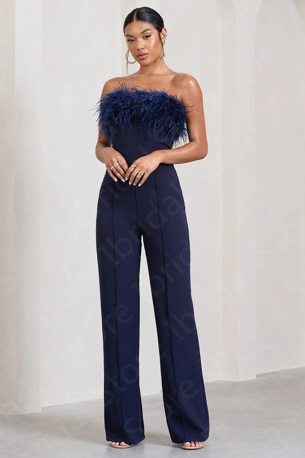 Classic Navy Blue Prom Gowns Pants Suit Sleeveless Prom Party Dress Feathers Jumpsuit Wedding Guest Gowns Strapless Floor Length