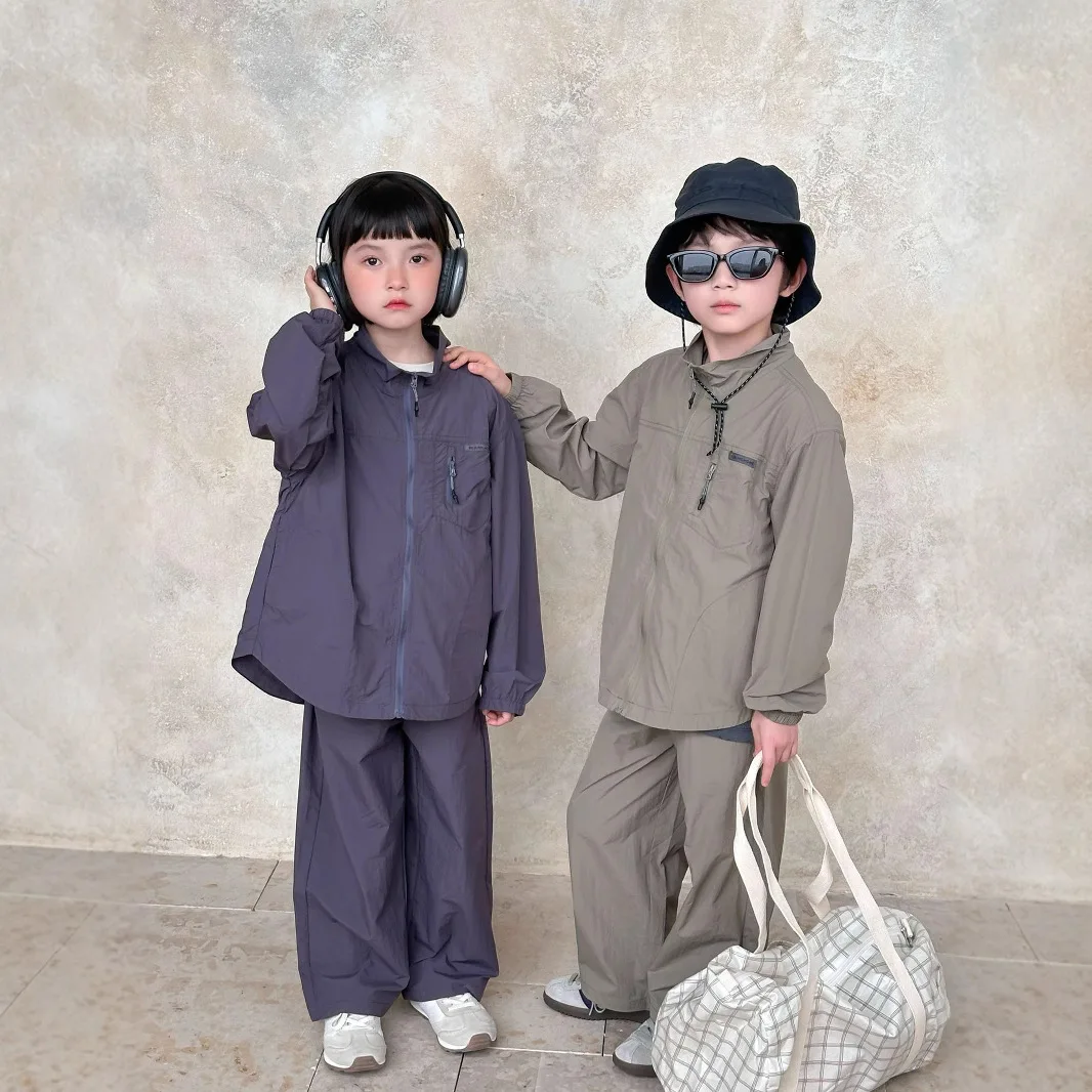 2025 Summer New Korean Children's Outdoor Clothing Camping Windproof Set for Boys and Girls Thin Sunscreen Two Piece Set Trendy