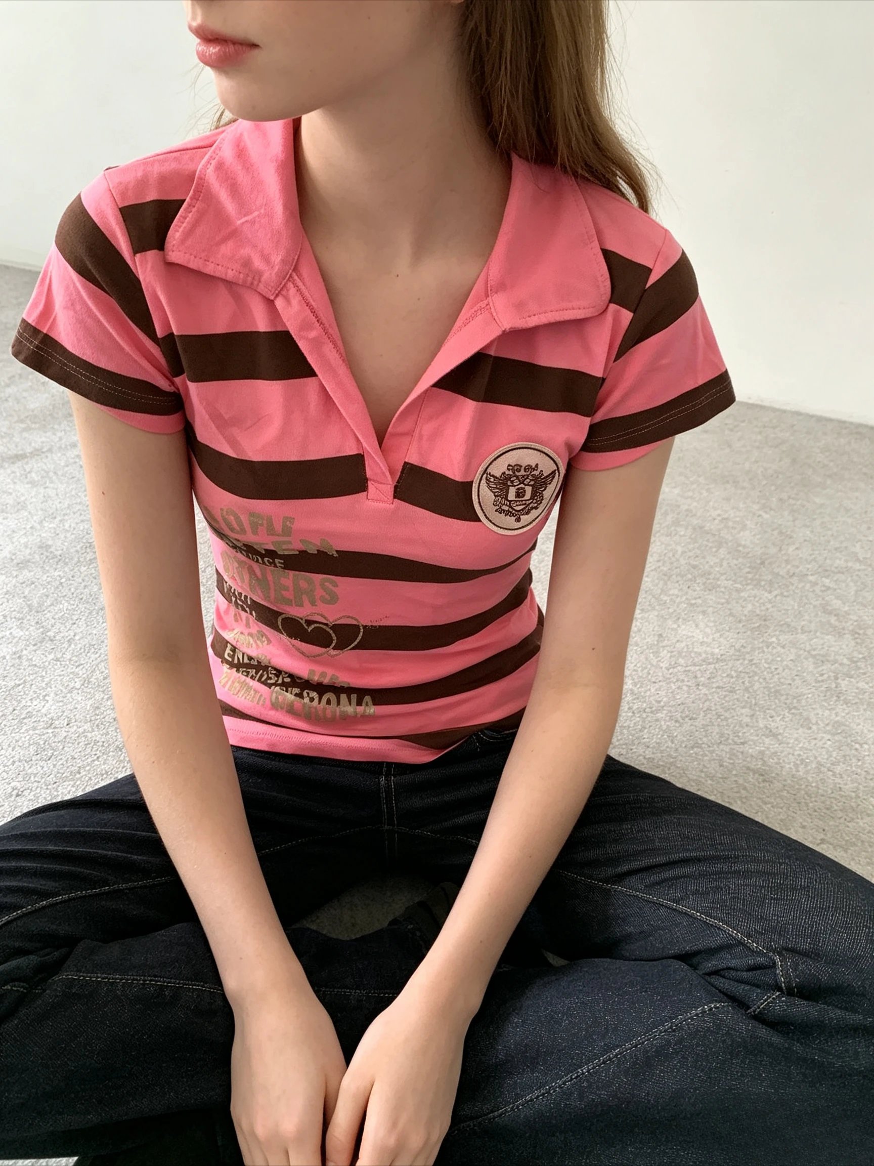 Crest Badge Polo Collar Tee Pink Brown Stripe Short Sleeve Letter Graphic Double Heart Print Slim Fit Vintage Y2K Shirt