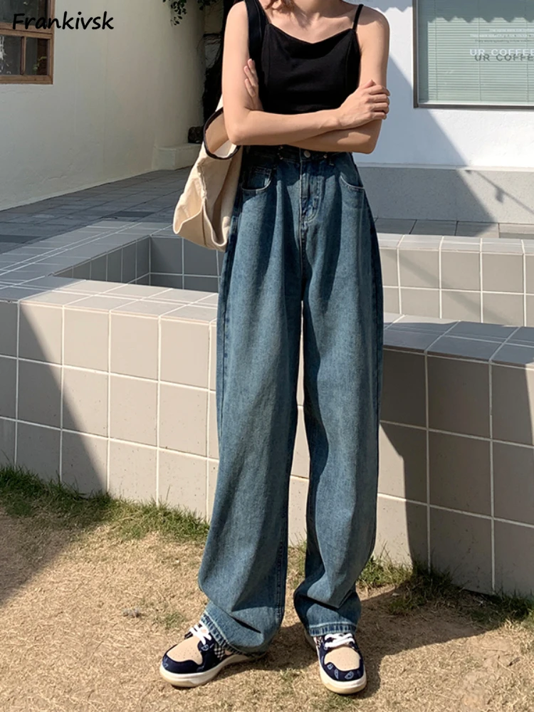 

Wide Leg Jeans Women Simple European Style Retro Washed Denim Full Length Loose Fashion Leisure Streetwear All-match Harajuku