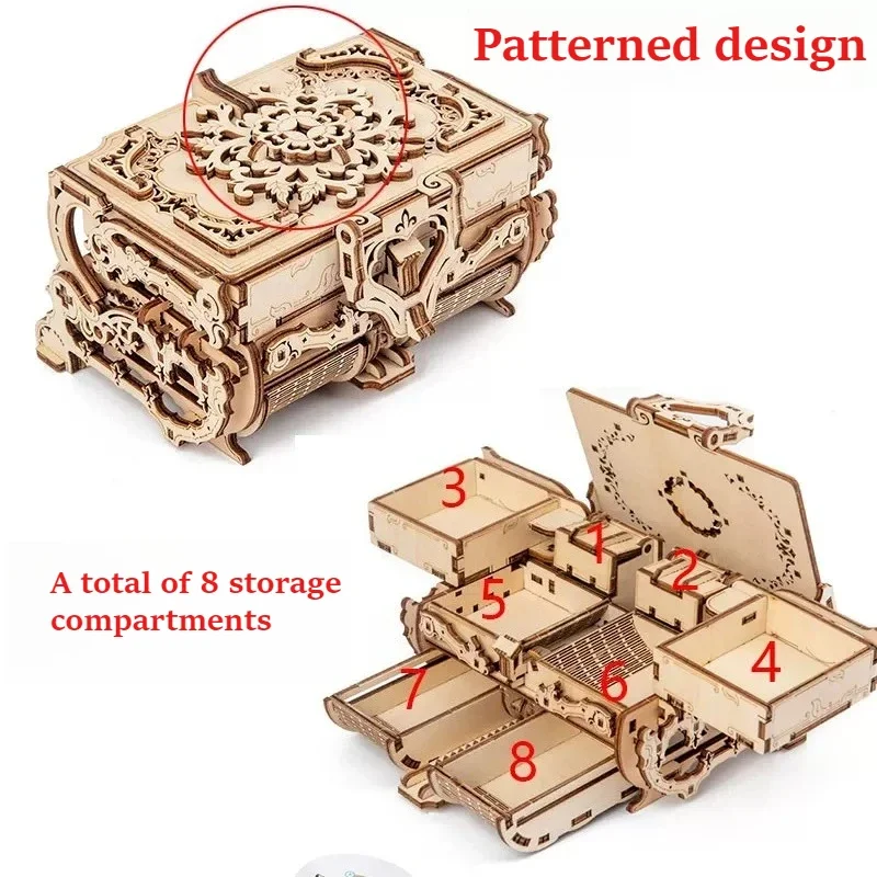 

Wooden mechanical jewelry box 3D puzzle DIY flip linkage drawer, tenon and mortise splicing, hand-assembled gift