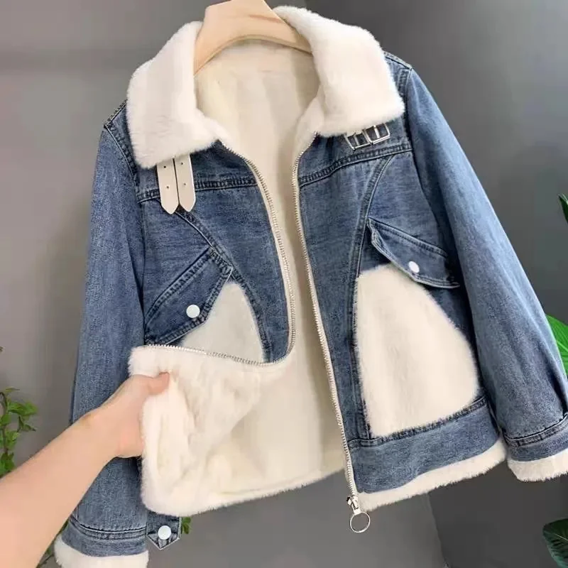 Faux Mink Velvet Stitching Denim Jacket Women's Fleece-padded Jackets Loose Jean Coats Lady Casual Warm Outerwear Autumn Winter