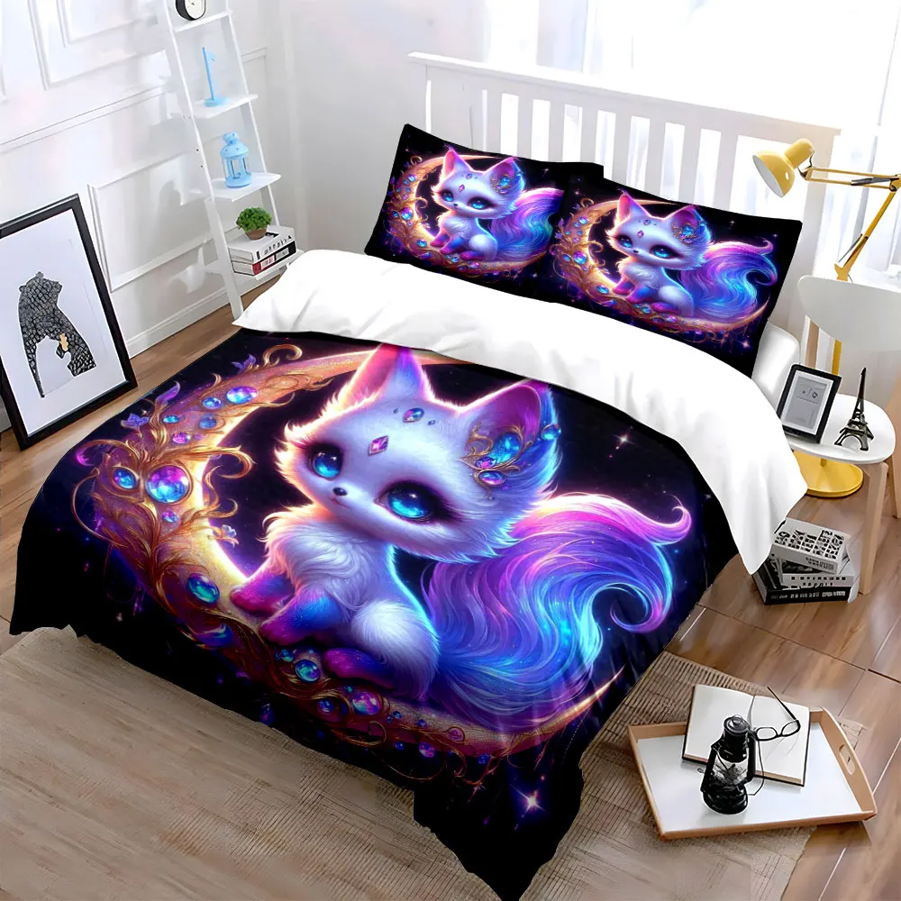 Enchanted Fox on Radiant Crescent Print Bedding Set 1 Duvet Cover 2 Pillowcases for Adult and Children Luxury Gift Full Size