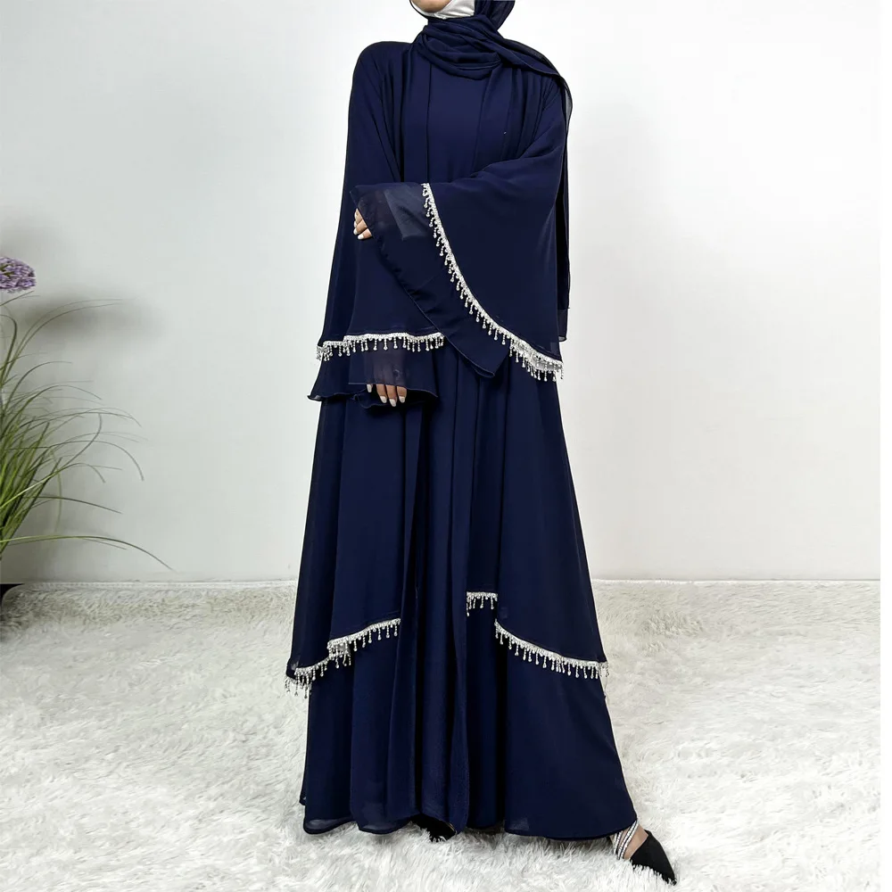 

2024 New Chiffon Diamond Stripe Big Horn Sleeve Long Dress Long Robe Dress Women's cardigan Set Ethnic Clothing 4618