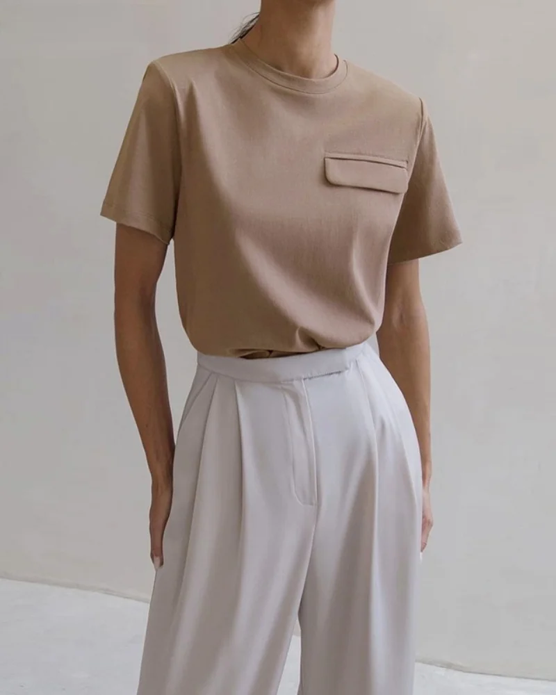 WOTWOY T-shirt décontracté d'été pour femme avec faux ket One-Ne Design confortable 00% autres matériaux Faionable Dr