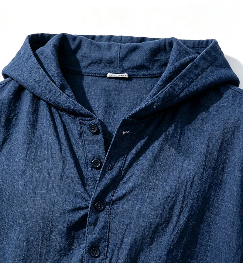 Herren Leinen-Pullover-Hemd Frühling Herbst Lässiges Kapuzen-Oberteil Locker Geschnittenes Langarm-Textilhemd Leichte Freizeitkleidung für Männer – Detail 8