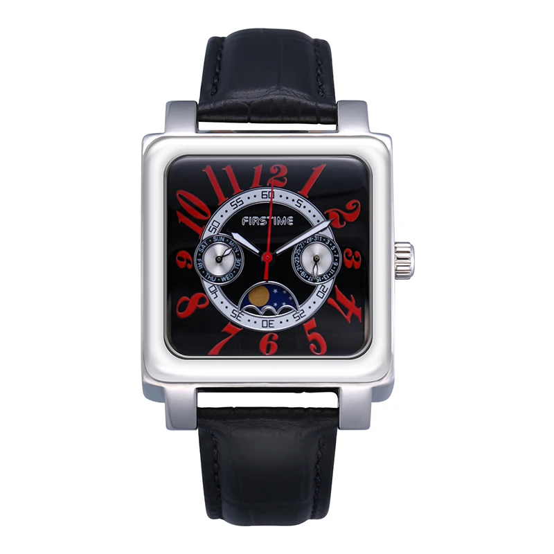 Men Quartz Square Watch Multifunction Chronograph Moon Phase Sport Luxury Waterproof Stainless Steel Buckle Wristwatches