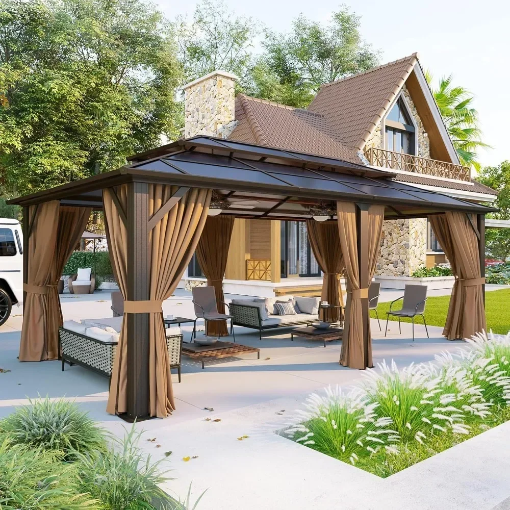 

12'x20 'hard top pavilion frame permanent pavilion with curtains and mesh, outdoor polycarbonate double roof canopy