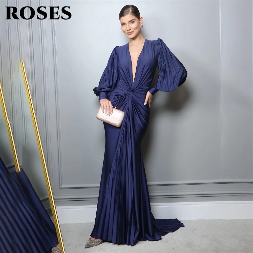 

ROSES Royal Blue Prom Dresses Mermaid Sexy Chic Woman Evening Dress Gown Pleat Stain V Neck Party Dresses Gown robes de soirée