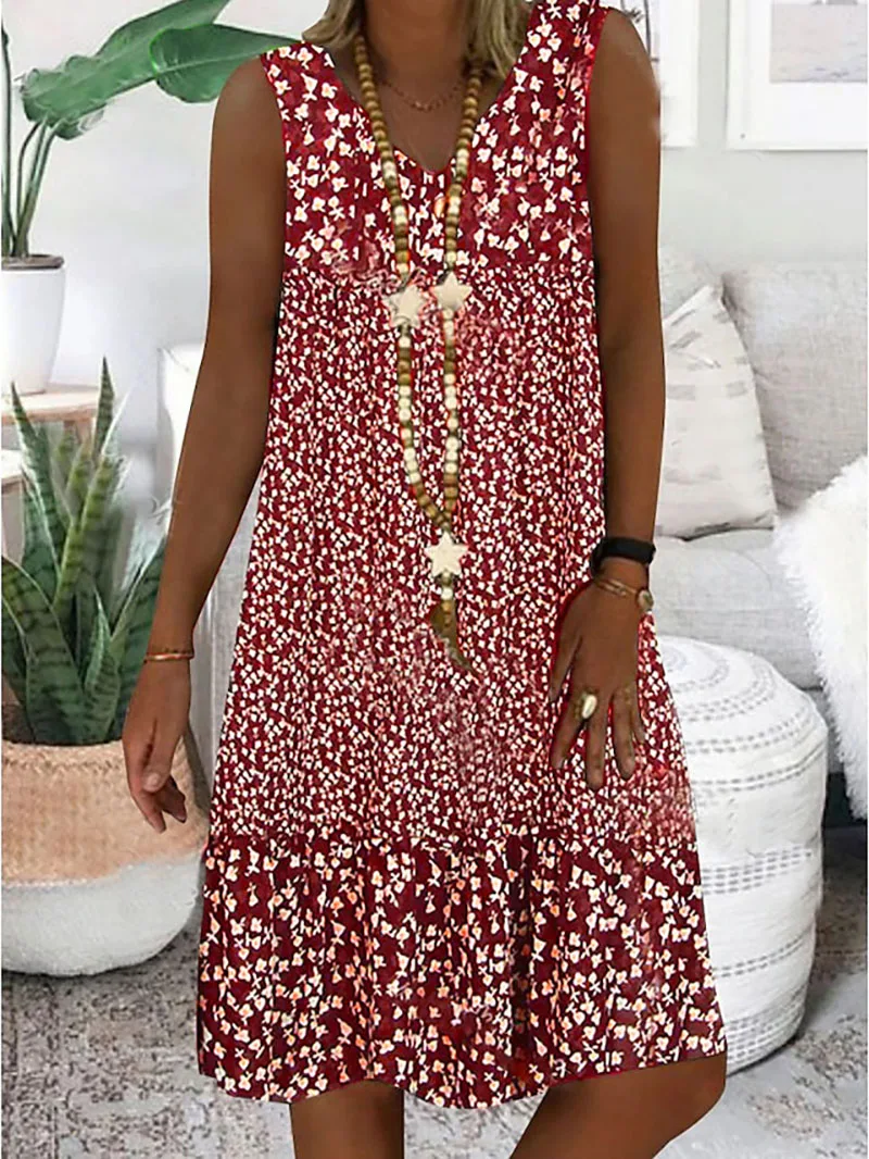 Summer New Arrival V-neck Floral Print Womens Dresses Sleveeless All-matches Ladies Clothes Evening Party Hot Selling Prom Dress