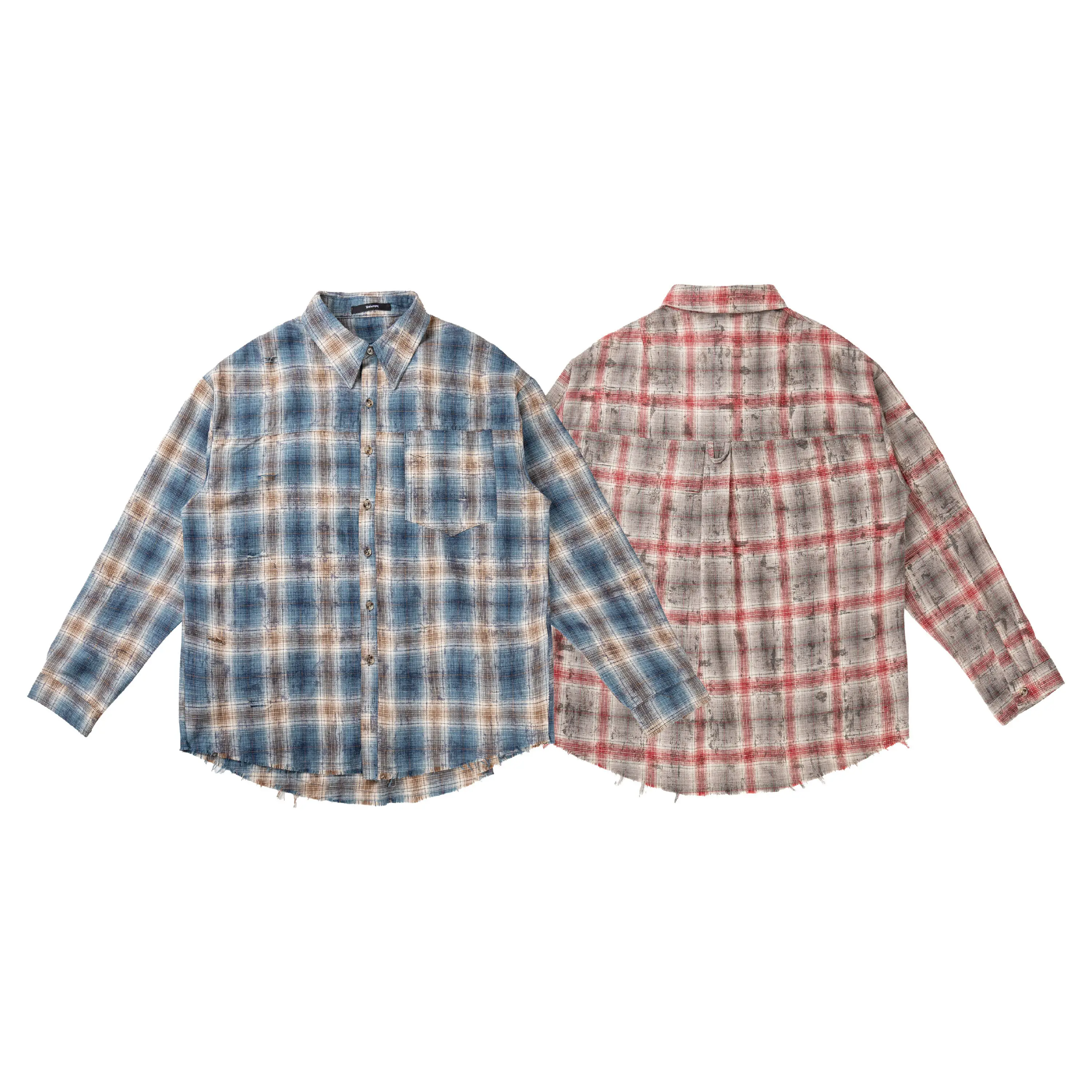 Men's gradient plaid dirty stain destroys shirt