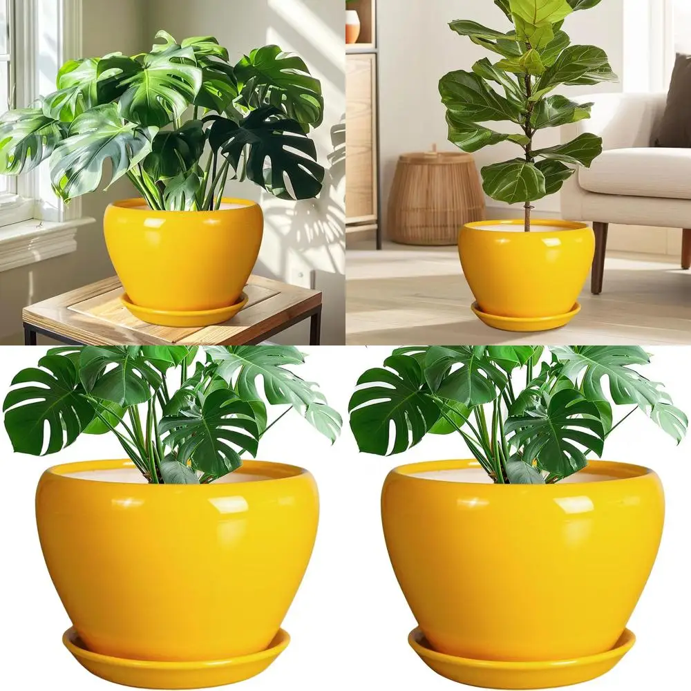 

Круглый глазурованный цветочный горшок 10 дюймов с дренажем и поддоном для использования в помещении/на улице, желтый