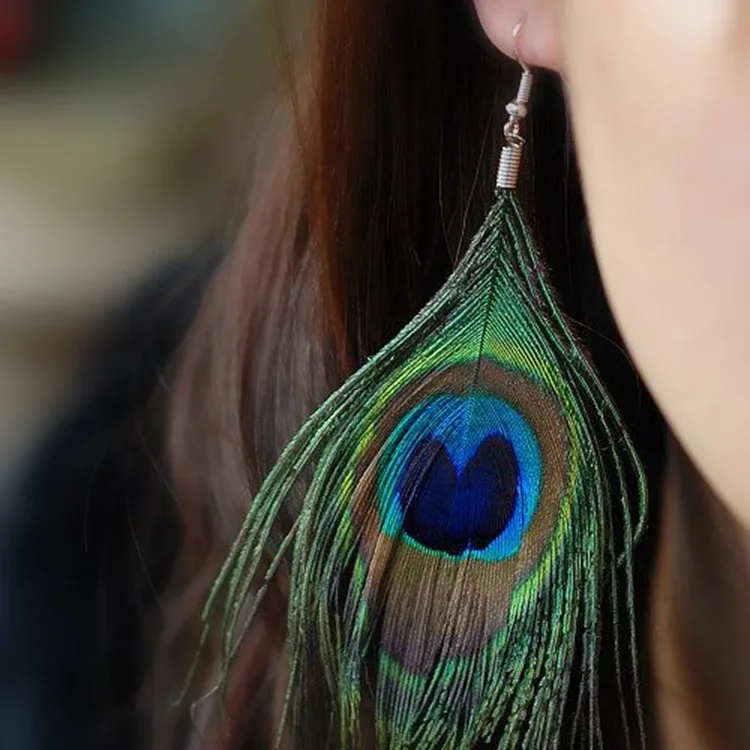 Vintage Bohemian Ethnic Style Peacock Feather Long Dangle Earrings for Women