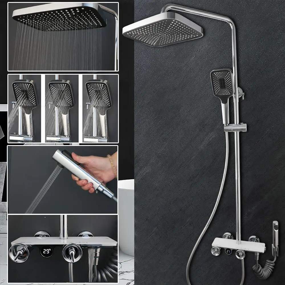 JIENI LED digitale badkamer doucheset messing wandgemonteerd thermostatisch systeem douchekraan set met handdouche en bidetkranen