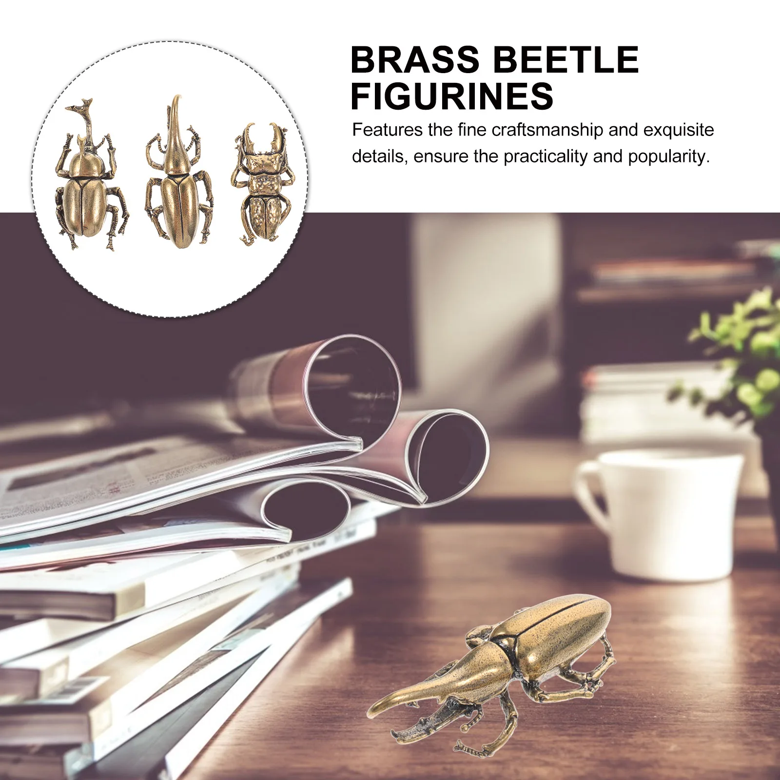 

3Pcs Classic Brass Beetle Miniatures Elegant Insect Desktop Decorations Smooth Lines Statue Adornments