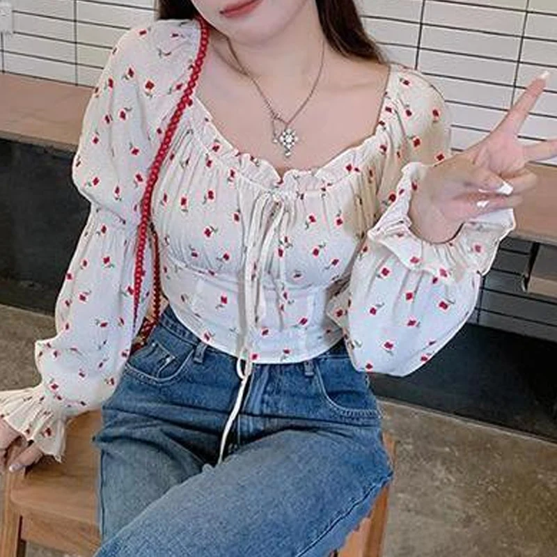 Spring Summer Floral Printing Fashion Lantern Sleeve Blouse Women High Street Casual Lacing Pleated Elegant All-match Pullovers