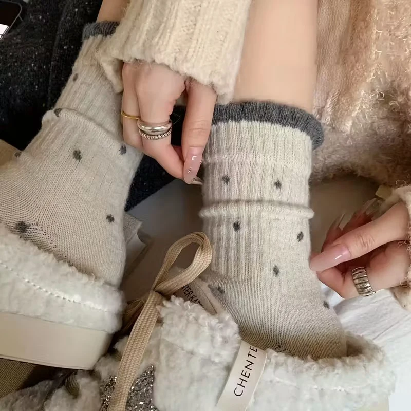 5 أزواج من الجوارب النسائية للخريف/الشتاء منقط لمنتصف الساق، جوارب عصرية متعددة الاستخدامات من الدانتيل الناعم على طراز الدوبامين #5