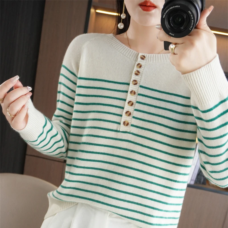 Pull rayé à manches longues et col en V pour femme, 100% coton, pull deux documents, SMY258, printemps et automne, nouveau