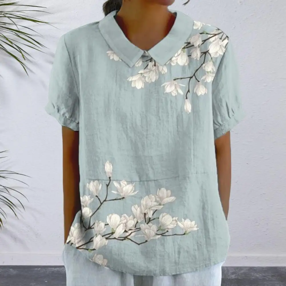 

Универсальные Топы с коротким рукавом, женский свободный пуловер с цветочным принтом, топы с круглым вырезом и воротником-рубашкой, стильные летние