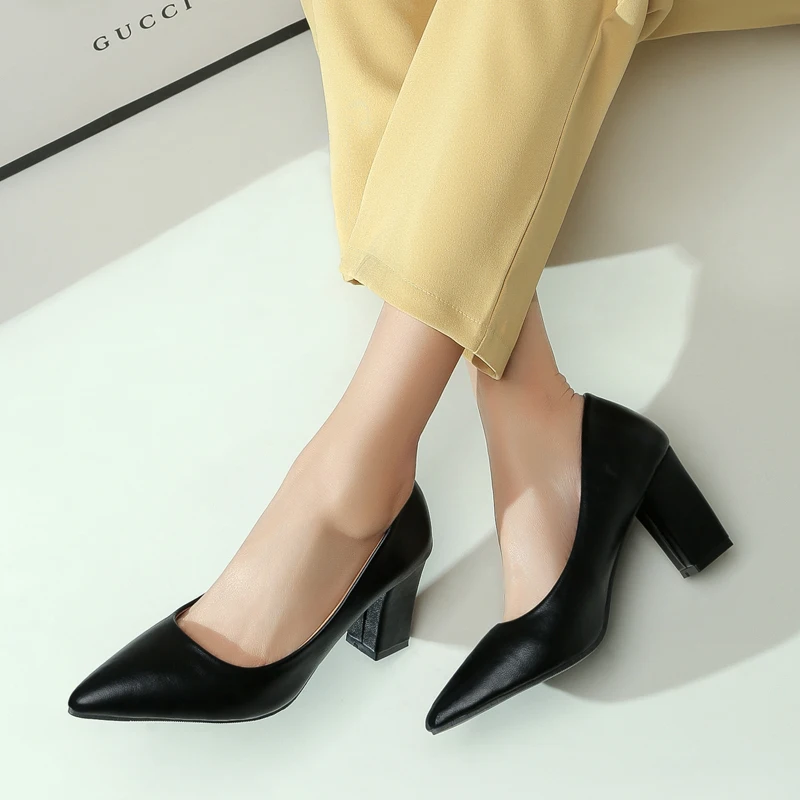 New Women Pumps Flock Sweet Thick High Heels Female Sexy Office Pointed Toe Dress Work Pump Cute Shoes Footwear Work Shoes Pumps