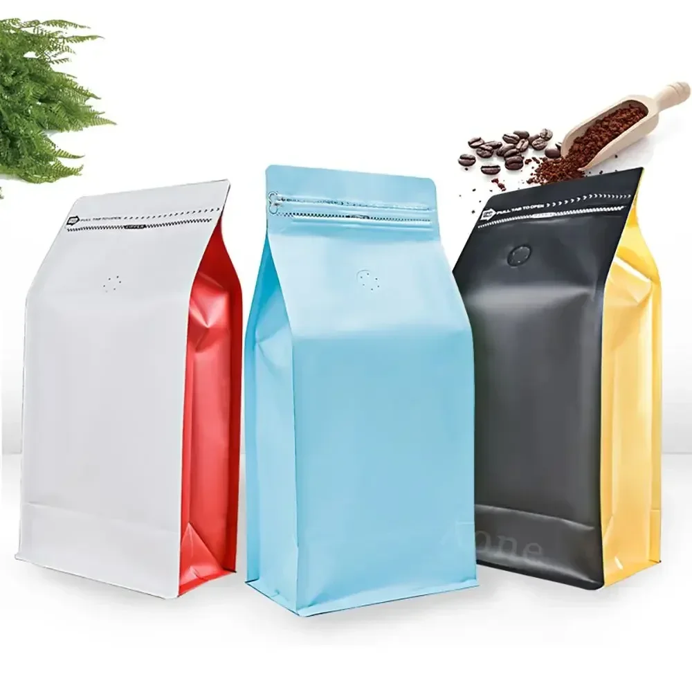 25PCS Fashioned Matt Black White Colorful Roast Coffee Bean Packaging Bag With Valve T-Zipper 125g 250g 500g 1kg Box Bottom Bags