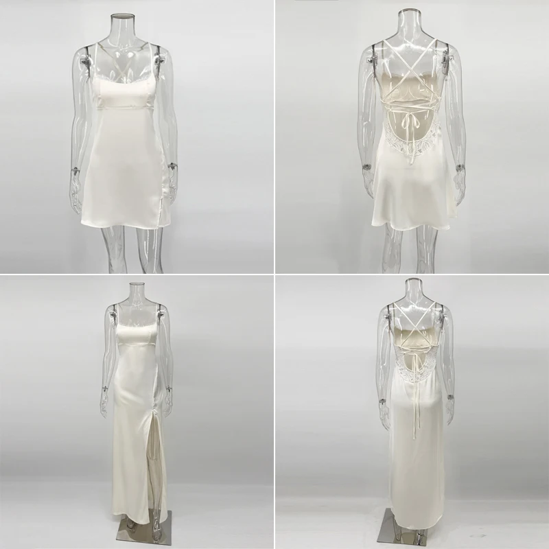 Women's Elegant Satin Dress - Backless Lace Party Dress