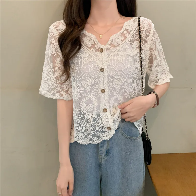 

Sheer Crochet Top Short Sleeve Button Front V-Neck Open-knit Embroidery Lace Blouse Women Spring Summer Cottagecore Boho