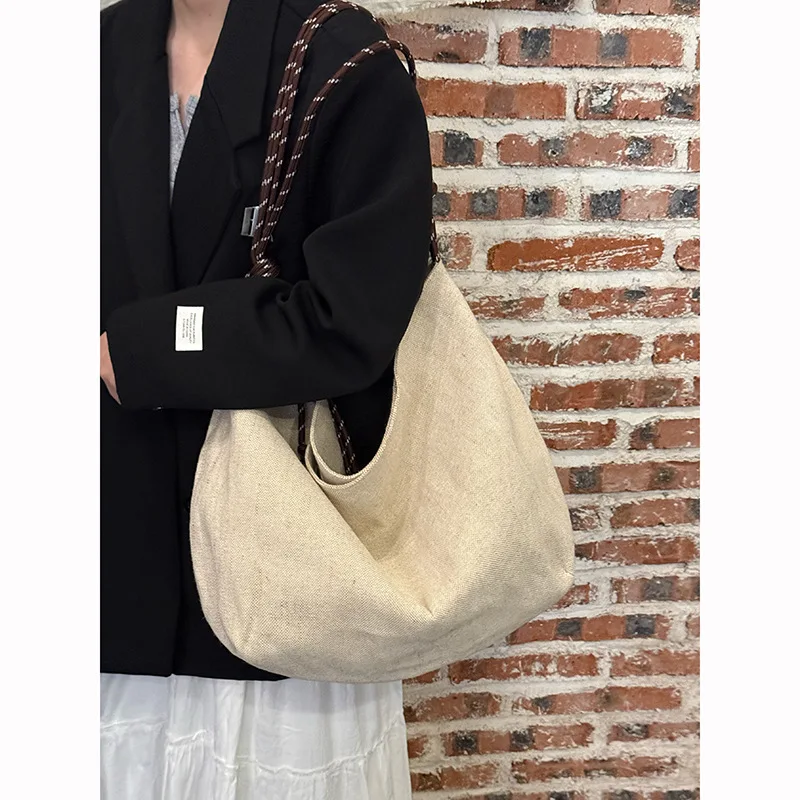 

Korean Canvas Women Shoulder Bag Big Female Student Tote Shopper Bag 2025 Large Fashion Linen Cloth Girl Bookbag Woman Handbags